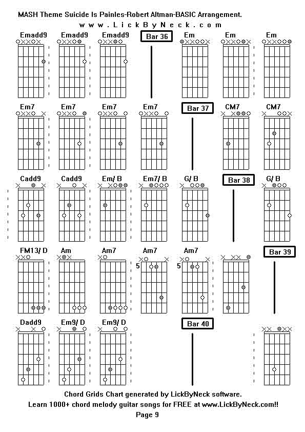 Chord Grids Chart of chord melody fingerstyle guitar song-MASH Theme Suicide Is Painles-Robert Altman-BASIC Arrangement,generated by LickByNeck software.